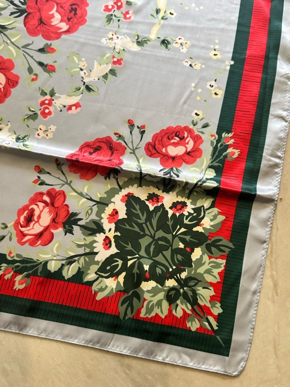 Paparazzi Floral Satin Scarf Gray Red Roses Cottagecore Vintage Square Wrap NWT
